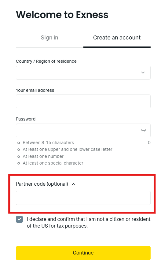 how to use exness partner code