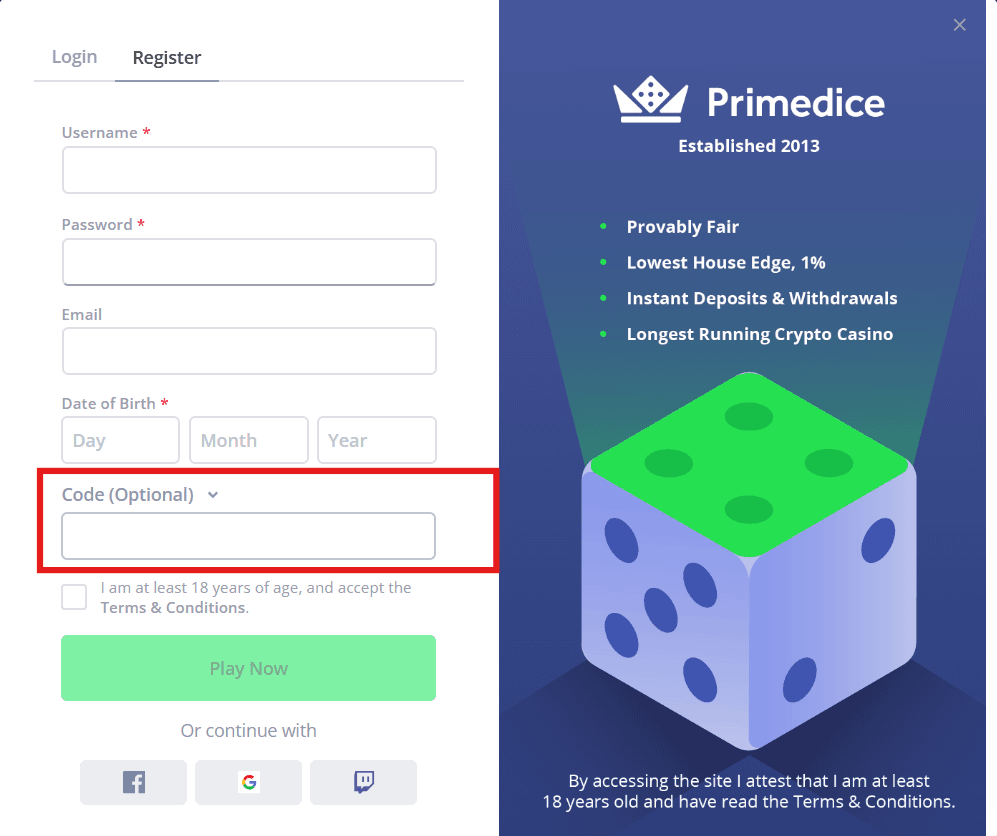 how to use primdice bonus code