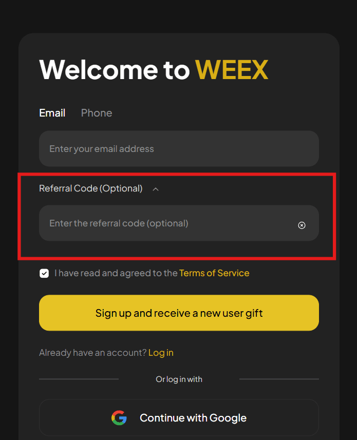 how to use weex referral code
