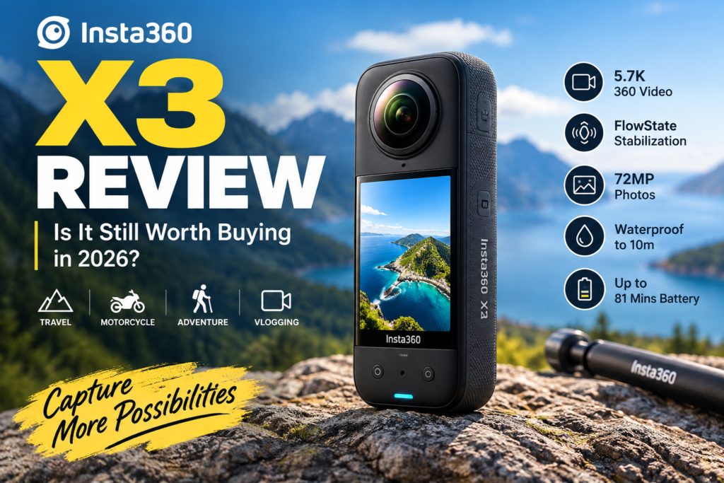 Insta360 X3 review 2026 with 5.7K 360 video, FlowState stabilization, 72MP photos and battery life
