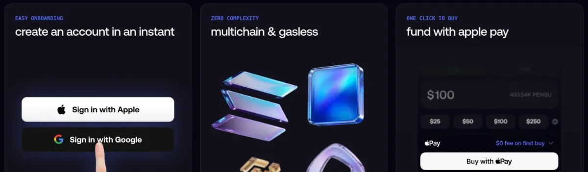 Fomo features: create an account in an instant, multichain and gasless trading, fund with Apple Pay with $0 fee on first buy