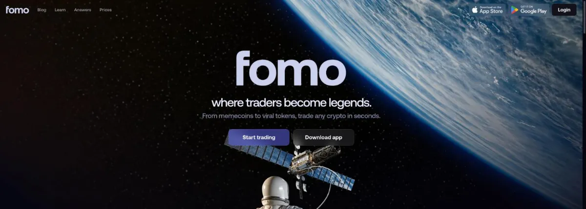 Fomo crypto trading app homepage: where traders become legends, trade any crypto in seconds
