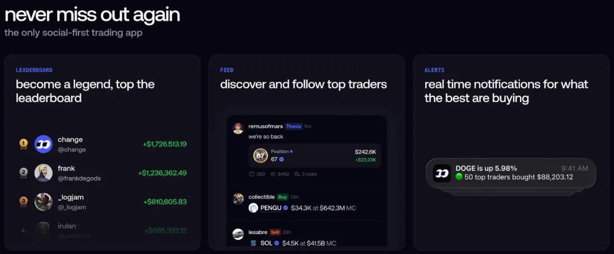 Fomo social trading features: leaderboard, feed to follow top traders and real-time buy alerts