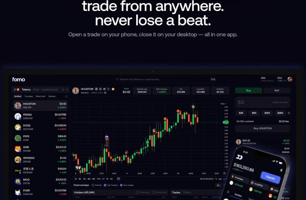 Fomo web trading platform with token list, price chart, buy and sell panel and the Fomo mobile app