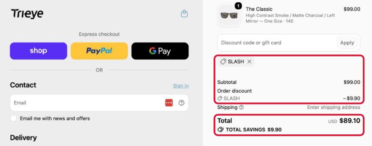 TriEye checkout with discount code SLASH applied and the 10% order discount shown in the order summary