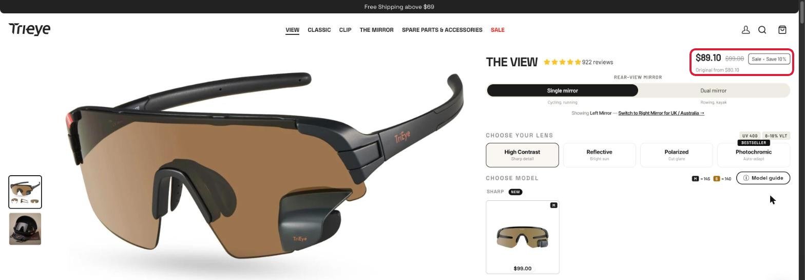 TriEye The View product page showing a sale price with the Sale - Save 10% label, plus lens and mirror options